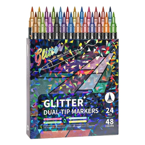 Glitter Brush Markers Pens, 48 Colors Dual Tip Glitter Pens Set 24 Pack Metallic Sparkle Markers for Cards, DIY Crafts, Doodle, Writing, Adults Coloring Books, Art Supplies Scrapbooking
