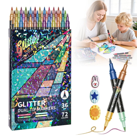 Glitter Brush Markers Pens,72 Colors Dual Tip Glitter Pens Set 36 Pack Metallic Sparkle Markers for Cards, DIY Crafts, Doodle, Writing, Adults Coloring Books, Art Supplies Scrapbooking