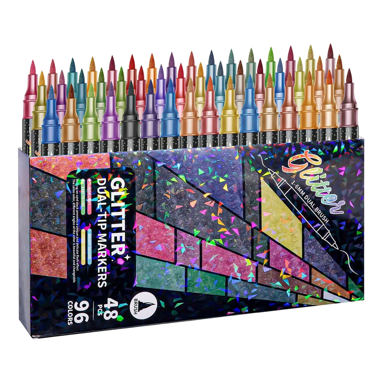 Glitter Brush Markers Pens, 96 Colors Dual Tip Set | 48 Pack Metallic Sparkle Markers for DIY Crafts, Cards, Doodling, Writing, Adults Coloring, Scrapbooking Art Supplies