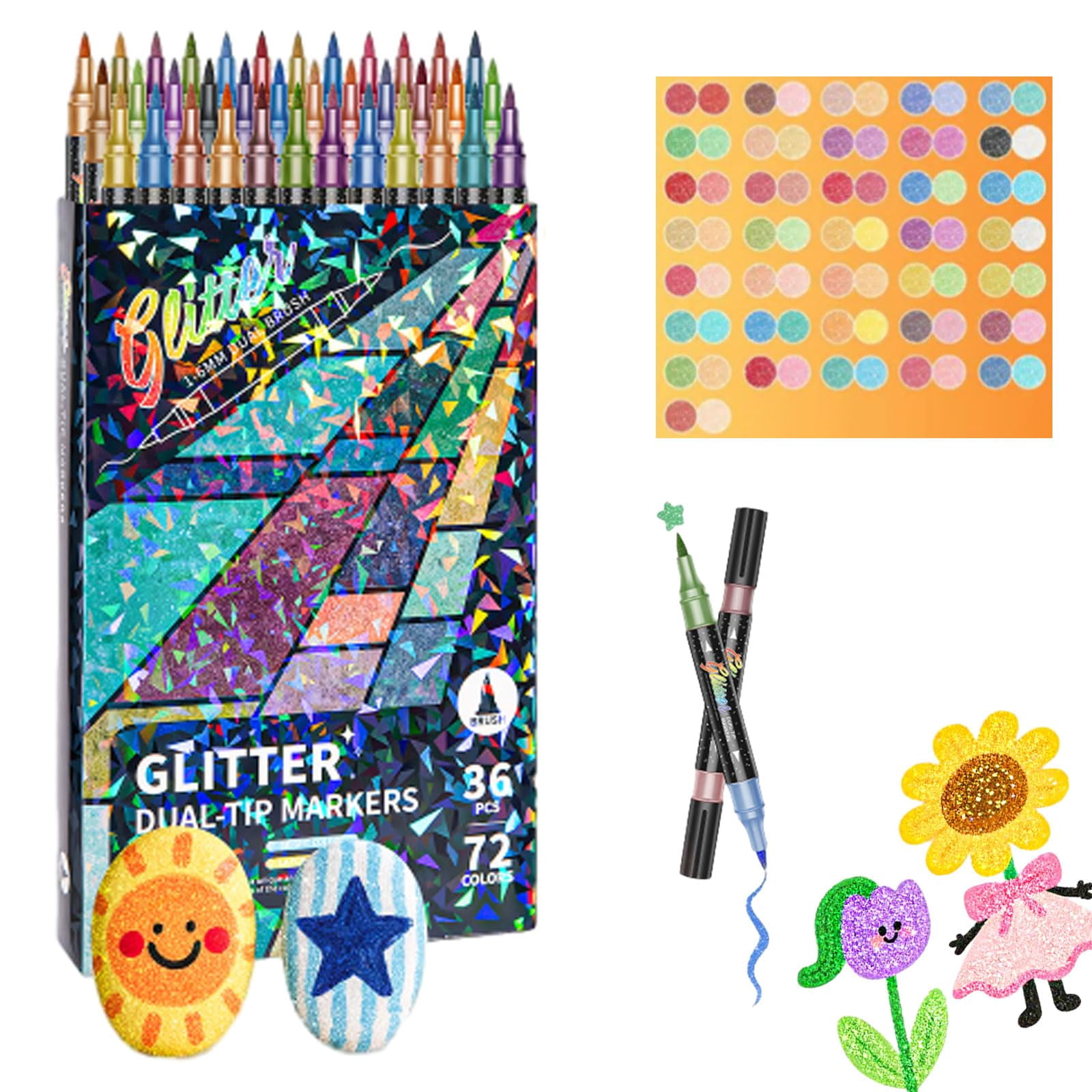 Glitter Brush Markers Set 24/48/72/96 Colors - Dual-Tip Metallic Shimmer Pens, 6mm Soft Brush Tip, Quick-Drying for Adult Coloring Books Journals Card Making Scrapbooking