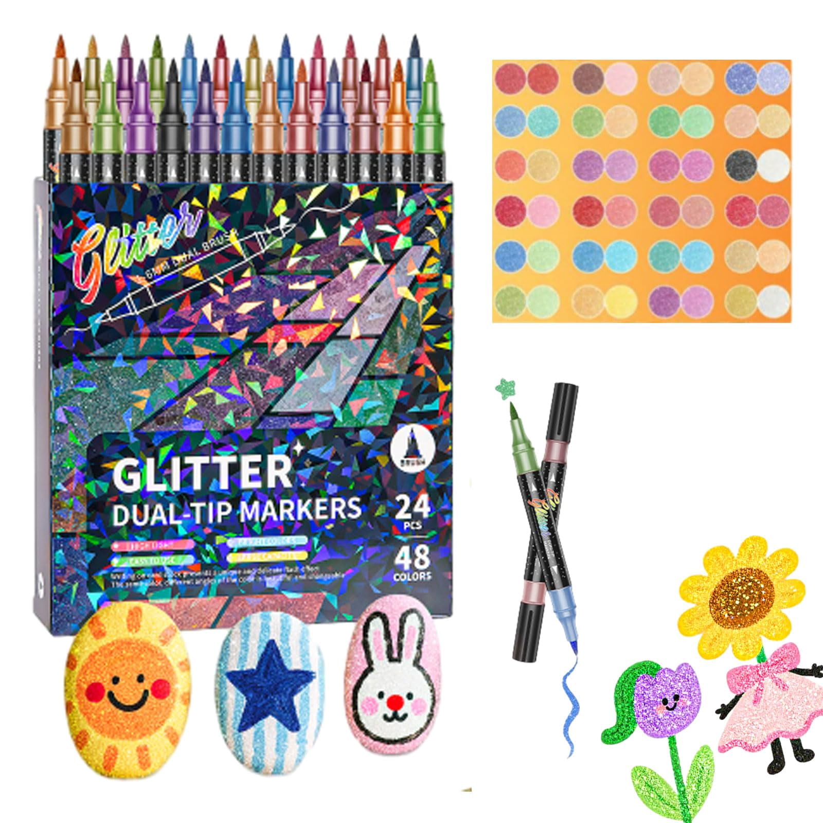 Glitter Brush Markers Set 24/48/72/96 Colors - Dual-Tip Metallic Shimmer Pens, 6mm Soft Brush Tip, Quick-Drying for Adult Coloring Books Journals Card Making Scrapbooking