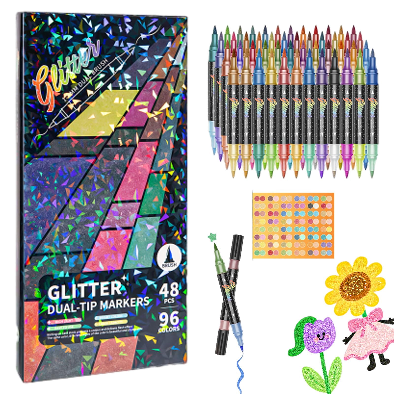 Glitter Brush Markers Set 24/48/72/96 Colors - Dual-Tip Metallic Shimmer Pens, 6mm Soft Brush Tip, Quick-Drying for Adult Coloring Books Journals Card Making Scrapbooking