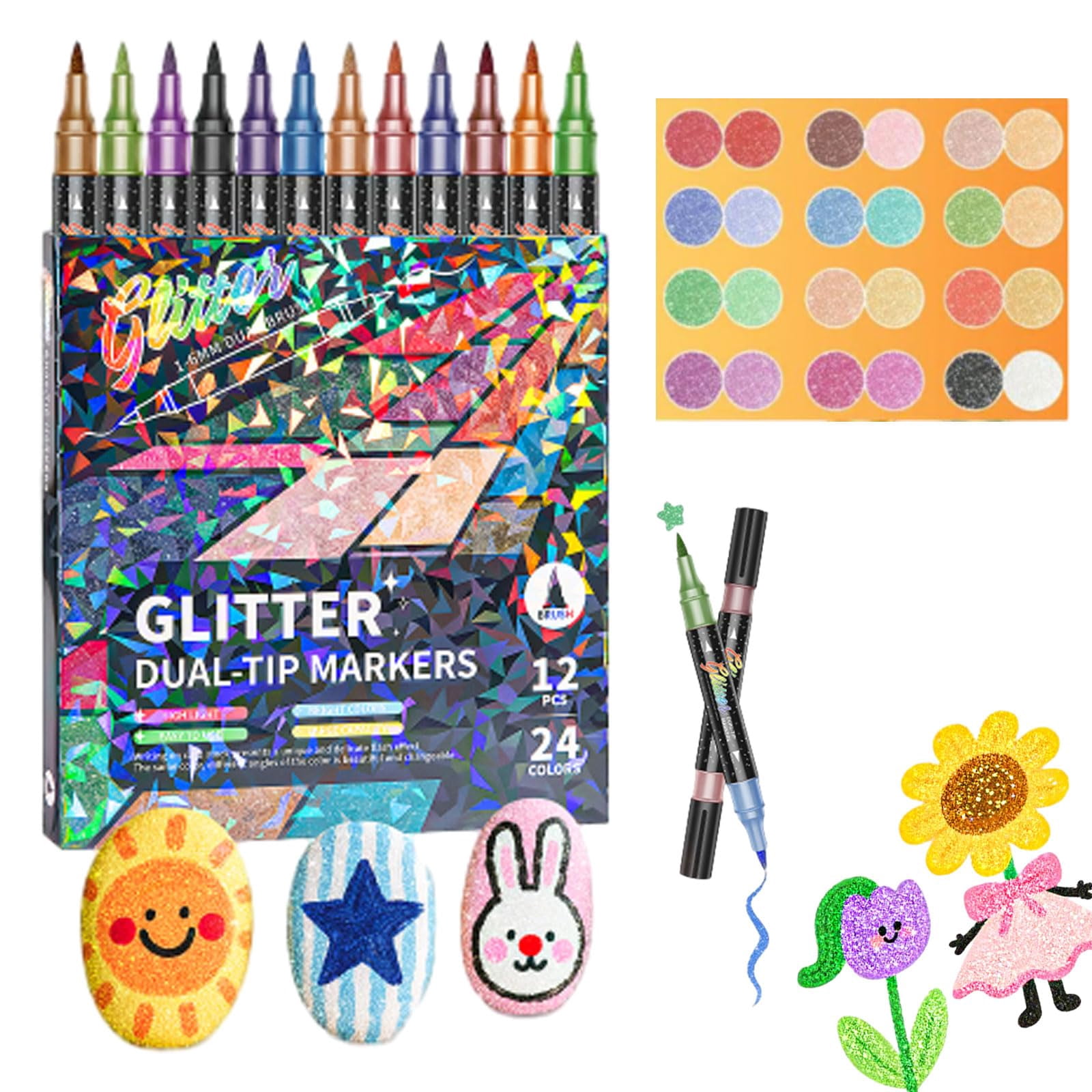 Glitter Brush Markers Set 24/48/72/96 Colors - Dual-Tip Metallic Shimmer Pens, 6mm Soft Brush Tip, Quick-Drying for Adult Coloring Books Journals Card Making Scrapbooking