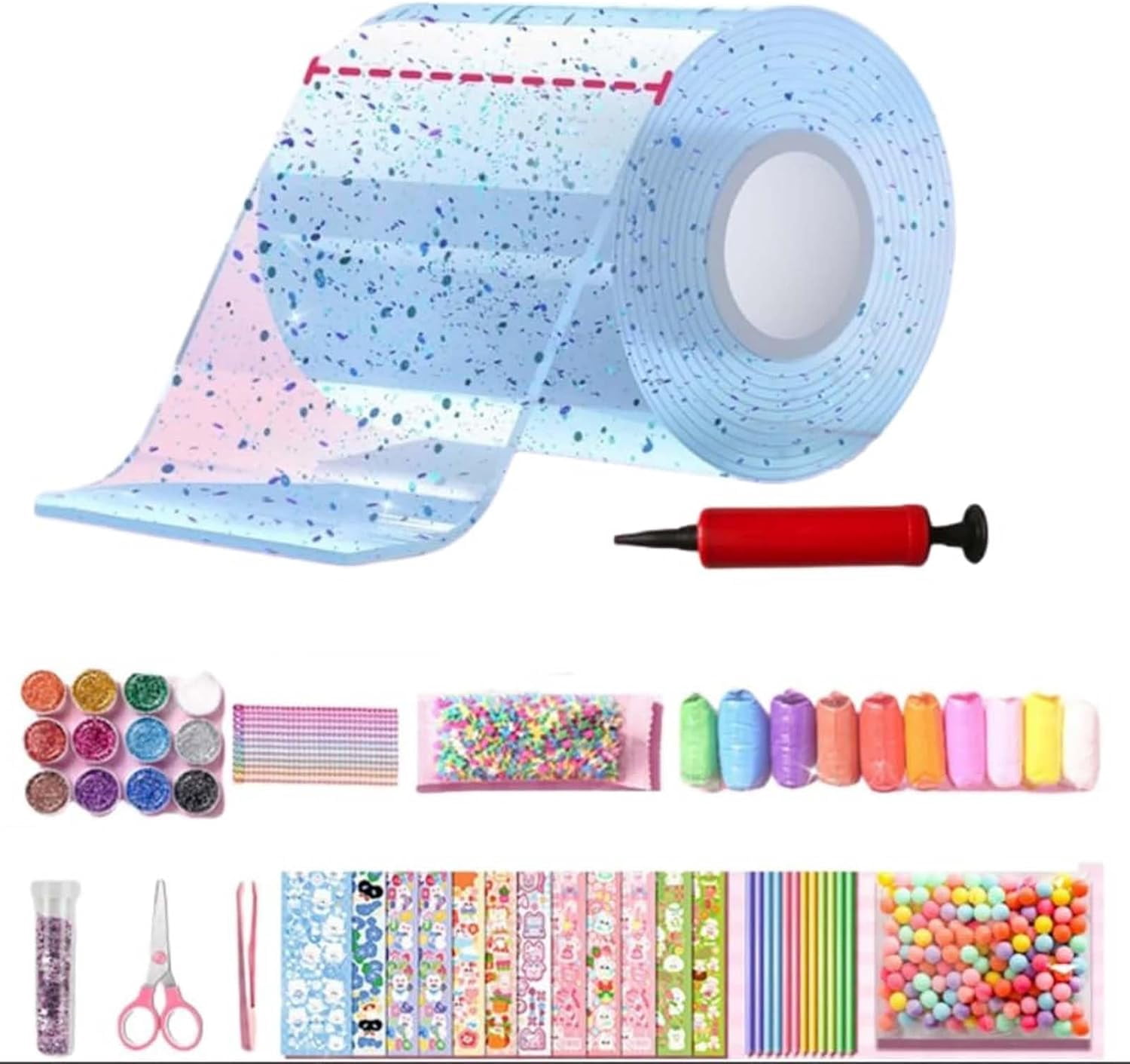 Glitter Bubble Nano Tape Toy Set, DIY Nano Tape Bubble with Glitter Sequins and Straws, Double Sided Nano Tape Bubbles Craft for, Stretchy Bubble Tape Toy for Party Favors (Blue)