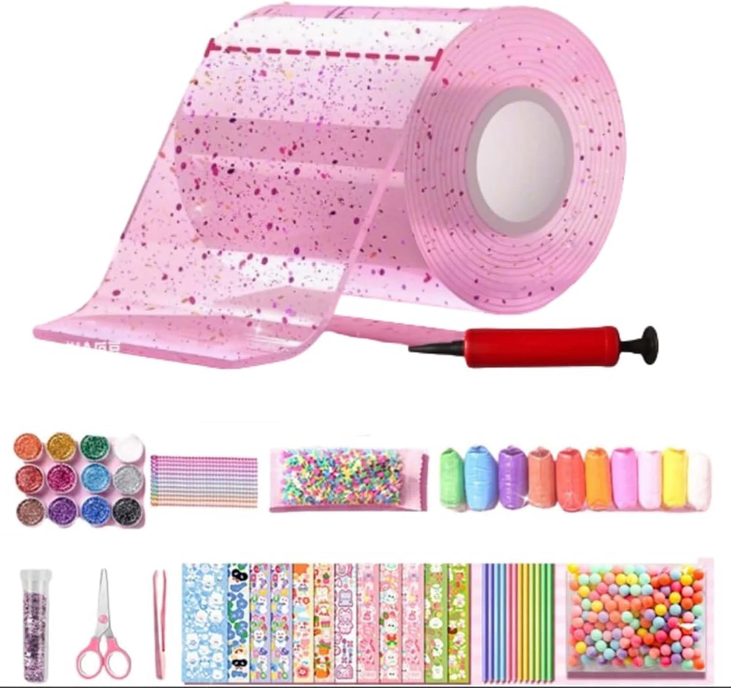 Glitter Bubble Nano Tape Toy Set, DIY Nano Tape Bubble with Glitter Sequins and Straws, Double Sided Nano Tape Bubbles Craft for, Stretchy Bubble Tape Toy for Party Favors (Pink)