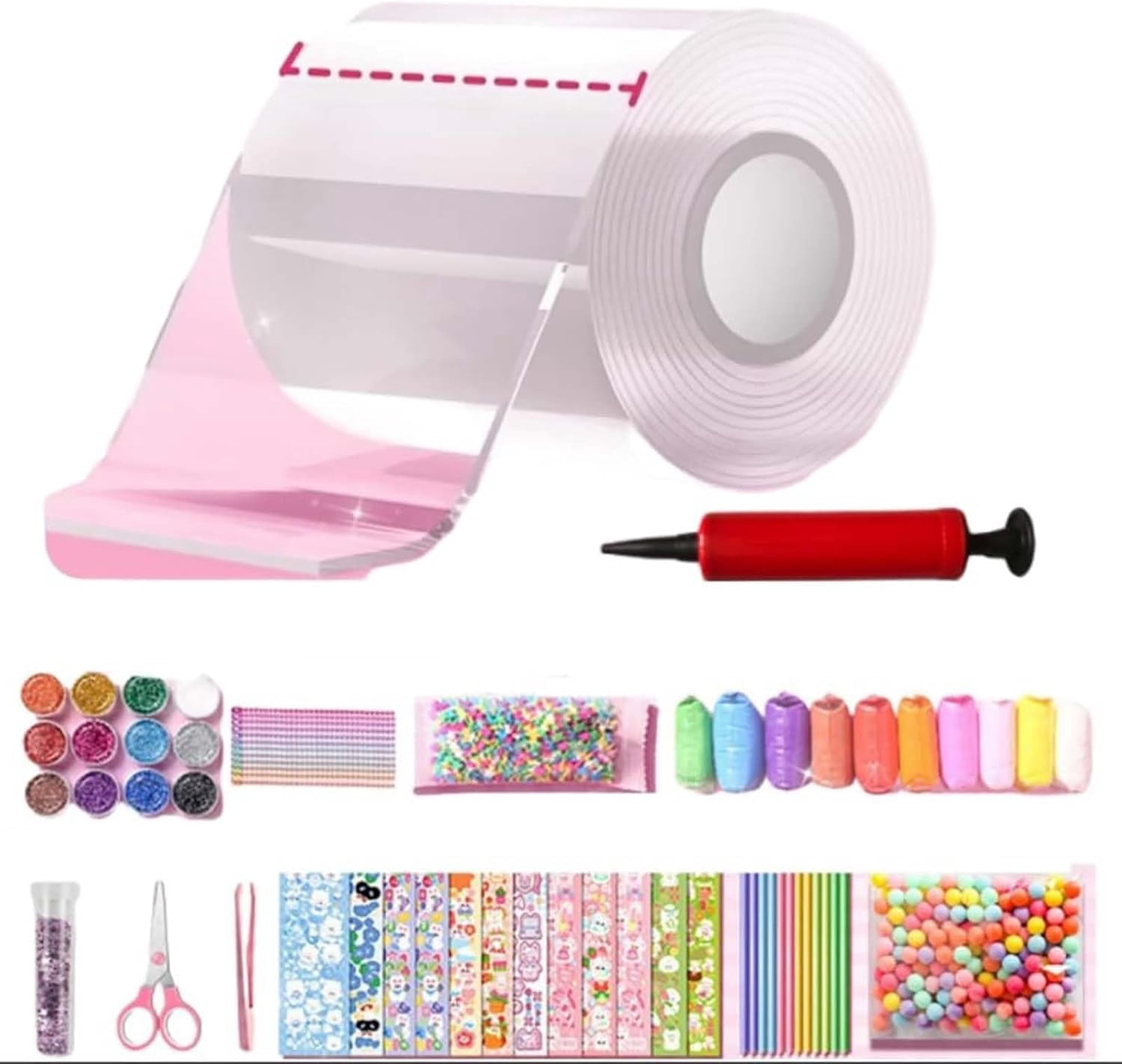 Glitter Bubble Nano Tape Toy Set, DIY Nano Tape Bubble with Glitter Sequins and Straws, Double Sided Nano Tape Bubbles Craft for, Stretchy Bubble Tape Toy for Party Favors (White)