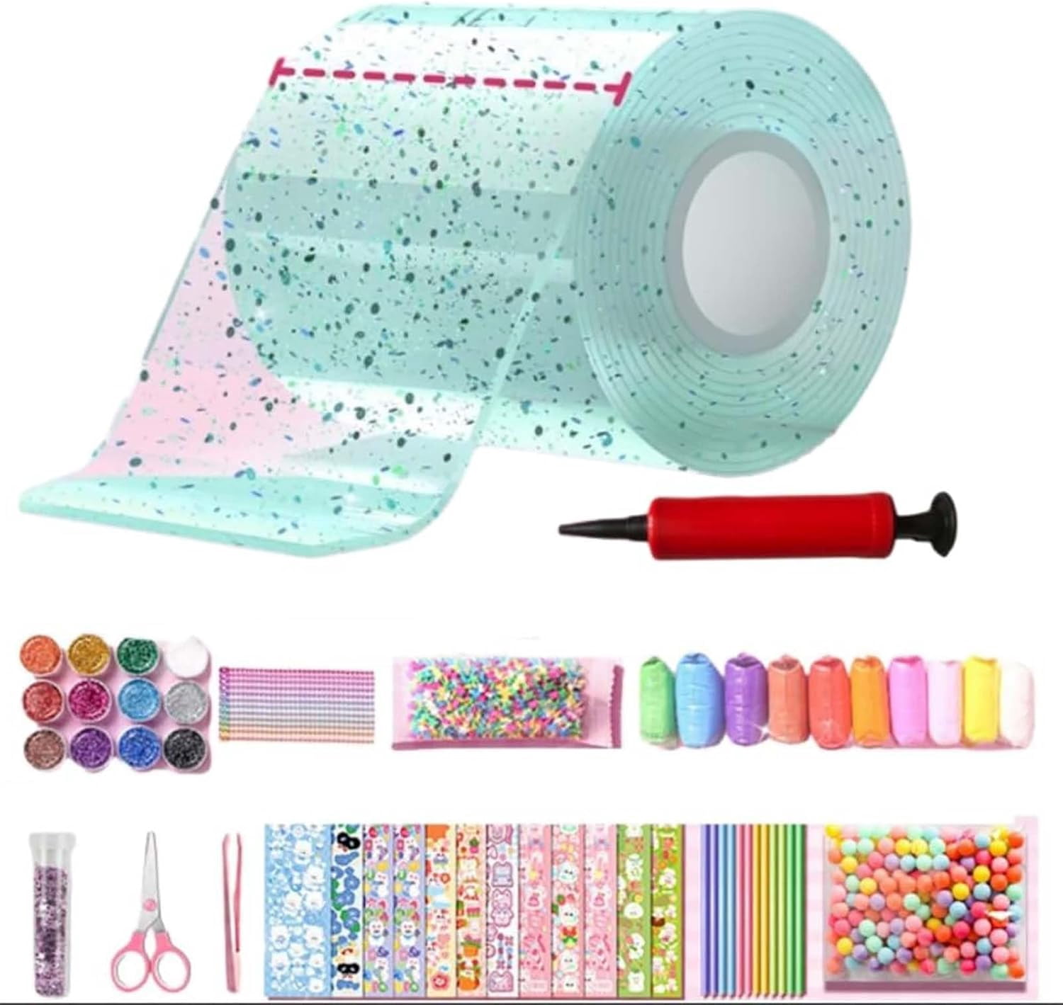 Glitter Bubble Nano Tape Toy Set, DIY Nano Tape Bubble with Glitter Sequins and Straws, Double Sided Nano Tape Bubbles Craft for, Stretchy Bubble Tape Toy for Party Favors (Green)