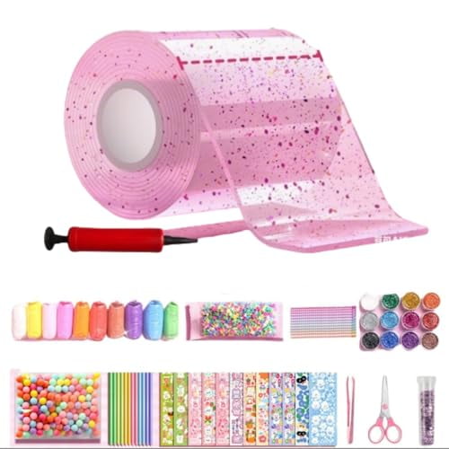 Glitter Bubble Nano Tape Toy Set, Tape Bubble Kit for DIY Stress Ball Making, Elastic Double Sided Craft Set with Glitter, Straw, Clamps and Stickers, Kids DIY Craft Toy