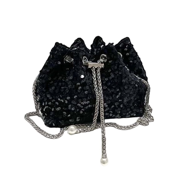 Glitter Bucket Bags for Women, Sparkly Purse with Hardware Chain Drawstring and Detachable Chain, Sequin Purses