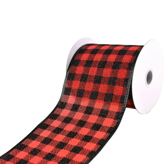 Glitter Buffalo Plaid Wired Ribbon, 4-Inch, 10-Yard - Red