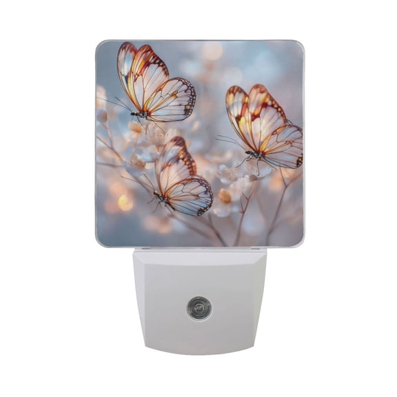 Glitter Butterflies and Flowers LED Night Light Sensor Lamp Plug-in Adjustable Brightness 2 Pack