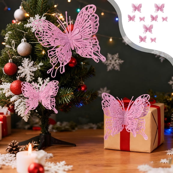 Glitter Butterfly Christmas Ornaments, 9-Piece Pink Plastic Hollow-Pattern Set in 3 Sizes for Trees, Weddings and Photo Decor