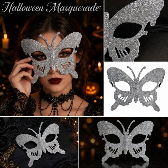 Glitter Butterfly Masquerade Mask 6 Inch Silver Glitter Mask for Masquerade Party Halloween Accessory Themed Event Fancy Dress Half Face Mask, 1 Pack