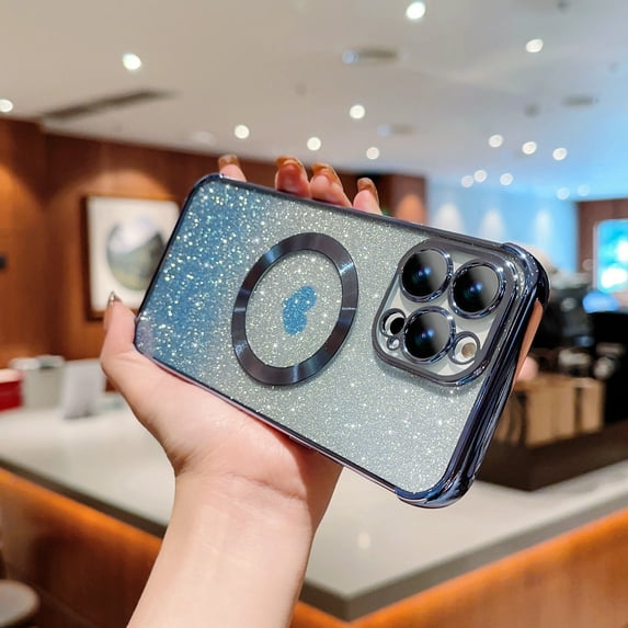 Glitter Case for Apple iPhone 13, Clear Back Cover Compatible with Magsafe Bumper Rugged Slim Fit Cute Heart Design Luxury Plating TPU Phone Case for Girls Women, Blue