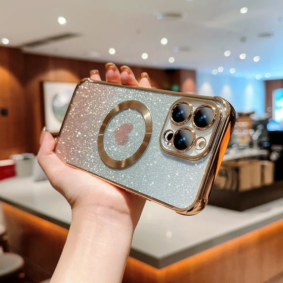 Glitter Case for Apple iPhone 13, Clear Back Cover Compatible with Magsafe Bumper Rugged Slim Fit Cute Heart Design Luxury Plating TPU Phone Case for Girls Women, Gold