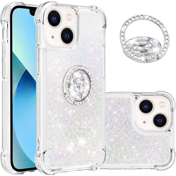 Glitter Case for Apple iPhone 14, Bling Sparkle Floating Cover Liquid Fashion Girly Women Girls Clear with Ring Holder Phone Case for iPhone 14 Colorful