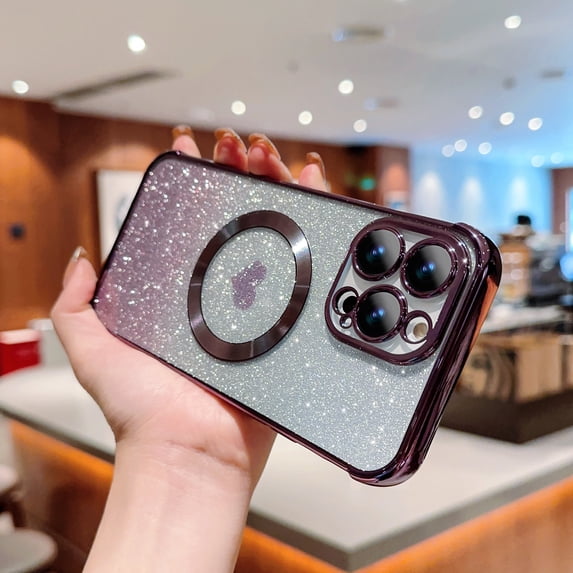 Glitter Case for Apple iPhone 14 Plus, Clear Back Cover Compatible with Magsafe Bumper Rugged Slim Fit Cute Heart Design Luxury Plating TPU Phone Case for Girls Women, Darkpurple
