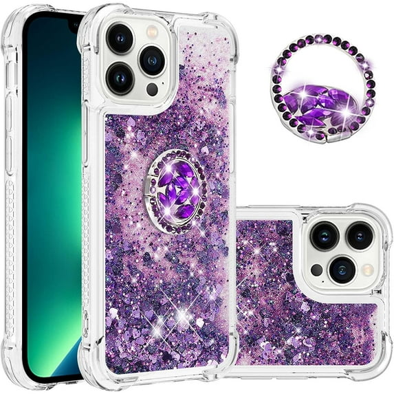 Glitter Case for Apple iPhone 14 Pro Max, Bling Sparkle Floating Cover Liquid Fashion Girly Women Girls Clear with Ring Holder Phone Case for iPhone 14 Pro Max Purple