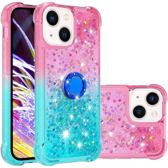 Glitter Case for Apple iPhone 15 Plus for Women Girls, Bling Sparkle Colorful Gradient Quicksand Waterfall Soft TPU Liquid Cover Case with Ring Stand for iPhone 15 Plus JB-Pink Green
