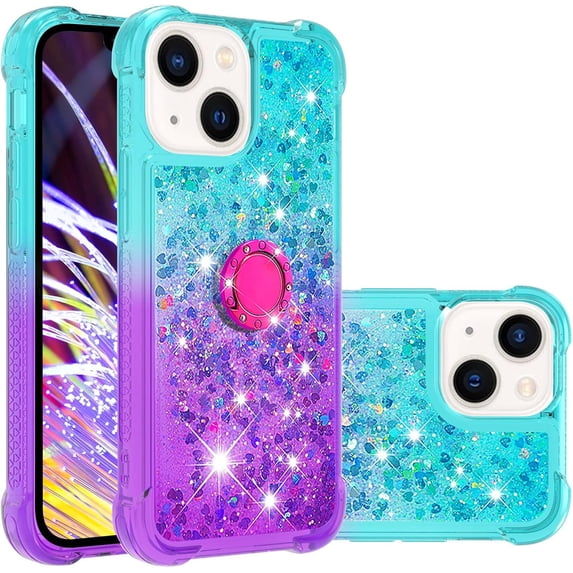 Glitter Case for Apple iPhone 15 Plus for Women Girls, Bling Sparkle Colorful Gradient Quicksand Waterfall Soft TPU Liquid Cover Case with Ring Stand for iPhone 15 Plus JB-Green Purple