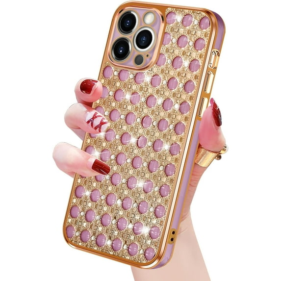 Glitter Case Compatible with iPhone 13 Pro Max Cute Case for Women Girls, Luxury Crystal Shiny Bling 3D Diamond Jewelry Rhinestone Slim Soft TPU Bumper Protective Sparkly Cover Girly Case Pink