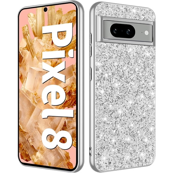 Glitter Case for Google Pixel 8 Phone Case for Women Girls, Slim Ultra Thin Matte Back Shockproof Protective Cover for Google Pixel 8 5G 6.2-inch Crystal Bling Case (Silver)