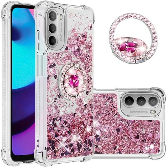 Glitter Case for Moto G 5G 2022, Bling Sparkle Floating Liquid Soft TPU Cushion Fashion Girly Women Girls Clear with Ring Holder Phone Cover for Motorola Moto G 5G 2022(Not 2021) Rose Gold