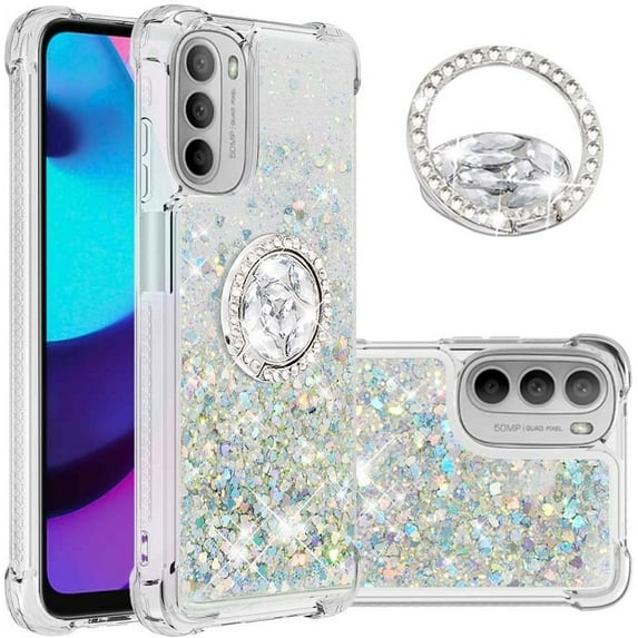 Glitter Case for Moto G 5G 2022, Bling Sparkle Floating Liquid Soft TPU Cushion Fashion Girly Women Girls Clear with Ring Holder Phone Cover for Motorola Moto G 5G 2022(Not 2021) Silver