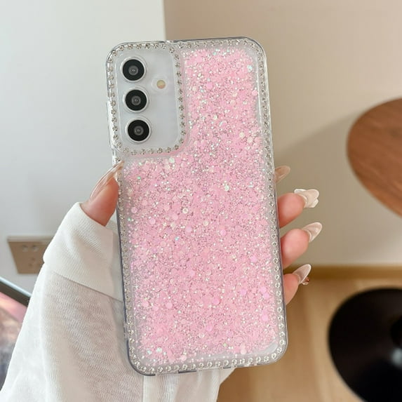 Glitter Case for Samsung Galaxy A16 5G with Bling Diamond Frame Clear Bumper Design, Shining Sparkle Rhinestone Cover, Dropproof Shockproof Slim Anti-Scratch Cover for Samsung Galaxy A16 5G, Pink