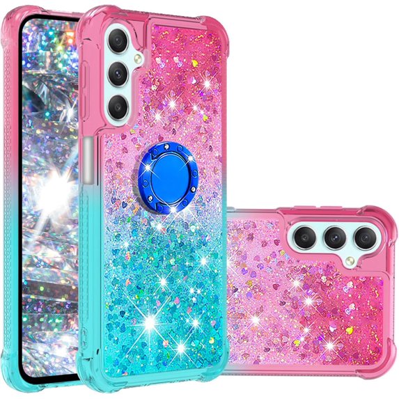 Glitter Case for Samsung Galaxy A54 5G for Women Girls, Bling Sparkle Colorful Gradient Quicksand Waterfall Soft TPU Liquid Case Cover with Ring Stand for Samsung A54 5G LSJB-Pink Green