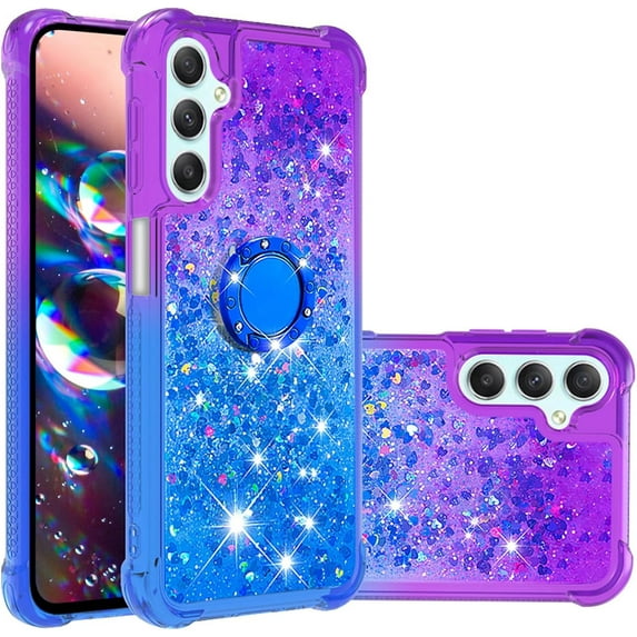 Glitter Case for Samsung Galaxy A54 5G for Women Girls, Bling Sparkle Colorful Gradient Quicksand Waterfall Soft TPU Liquid Case Cover with Ring Stand for Samsung A54 5G LSJB-Purple Blue
