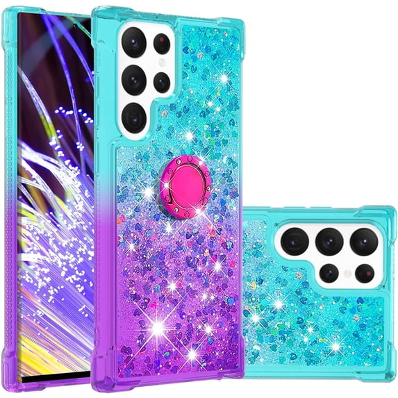 Glitter Case for Samsung Galaxy S23 Ultra (Not S23, Bling Sparkle Colorful Gradient Quicksand Waterfall Soft TPU Liquid Case Cover with Ring Stand for Samsung S23 Ultra LSJB-Green Purple
