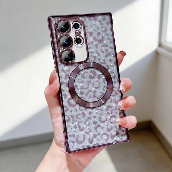 Glitter Case for Samsung Galaxy S24 Ultra Phone Case, Magnetic Compatible with Mag-Safe, Sparkle Bling Shiny Sparkly Shining Design, Leopard Pattern Shockproof Cover for Women Girls, Darkpurple