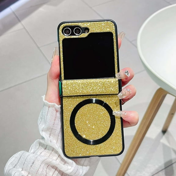 Glitter Case for Samsung Galaxy Z Flip 5, Lightweight PC Hard Shell with Hinge Protection Anti-Scratch, Compatible with MagSafe, Sparkling Protective Cover for Samsung Galaxy Z Flip 5, Yellow