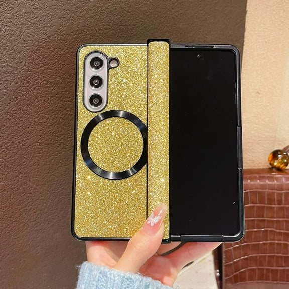 Glitter Case for Samsung Galaxy Z Fold 5, Lightweight PC Hard Shell with Hinge Protection Anti-Scratch, Compatible with MagSafe, Sparkling Protective Cover for Samsung Galaxy Z Fold 5, Yellow