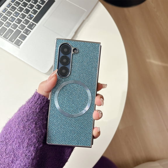 Glitter Case for Samsung Galaxy Z Fold 5, Plating Frame, Compatible with MagSafe, Ultra Slim Lightweight Sparkly Drop Protective Cover for Girls & Women for Samsung Galaxy Z Fold 5, Blue