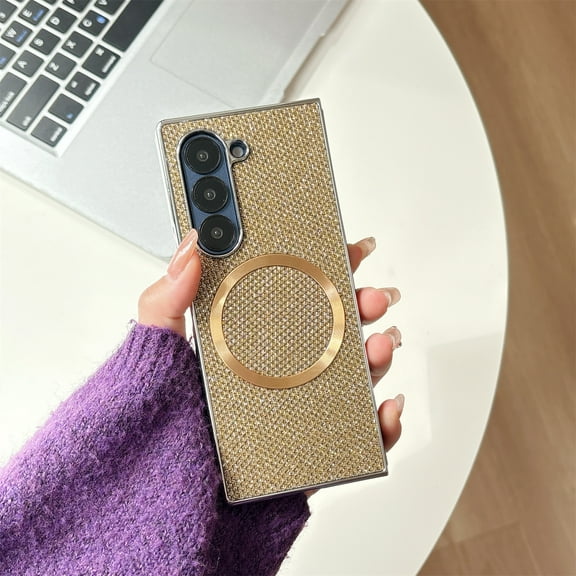 Glitter Case for Samsung Galaxy Z Fold 6, Plating Frame, Compatible with MagSafe, Ultra Slim Lightweight Sparkly Drop Protective Cover for Girls & Women for Samsung Galaxy Z Fold 6, Gold