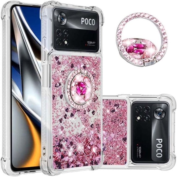 Glitter Case for Xiaomi Poco X4 Pro 5G, Bling Sparkle Floating Liquid Soft TPU Cushion Fashion Girly Women Girls Clear with Ring Holder Phone Cover for Xiaomi Poco X4 Pro 5G Rose Gold