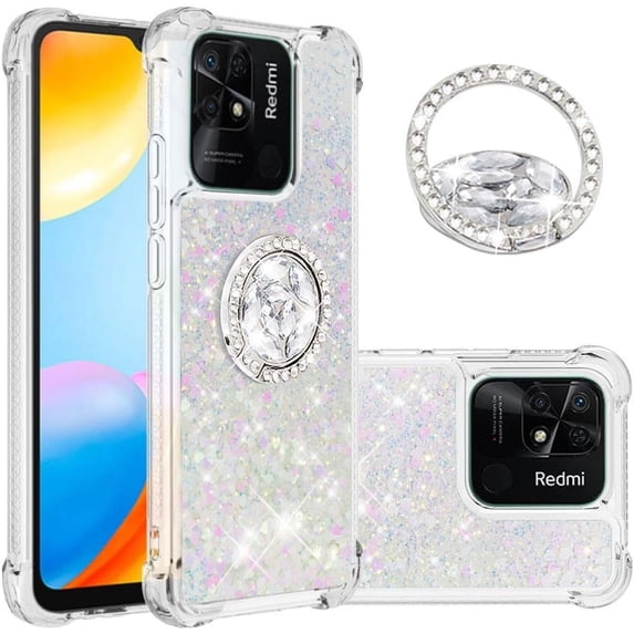 Glitter Case for Xiaomi Redmi 10C, Bling Sparkle Floating Liquid Soft TPU Cushion Fashion Girly Women Girls Clear with Ring Holder Phone Cover for Xiaomi Redmi 10C Colorful
