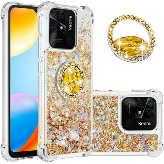 Glitter Case for Xiaomi Redmi 10C, Bling Sparkle Floating Liquid Soft TPU Cushion Fashion Girly Women Girls Clear with Ring Holder Phone Cover for Xiaomi Redmi 10C Gold