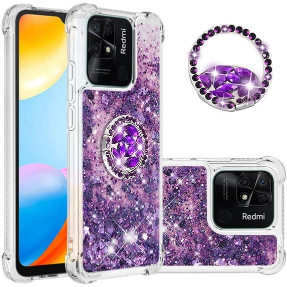 Glitter Case for Xiaomi Redmi 10C, Bling Sparkle Floating Liquid Soft TPU Cushion Fashion Girly Women Girls Clear with Ring Holder Phone Cover for Xiaomi Redmi 10C Purple