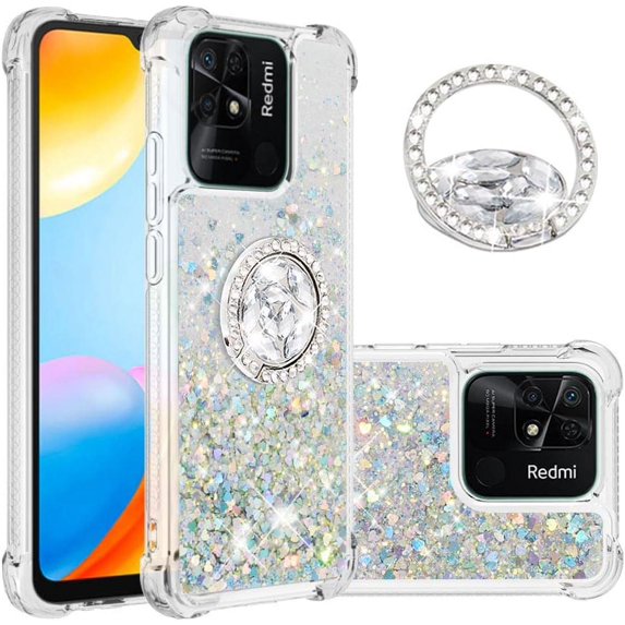 Glitter Case for Xiaomi Redmi 10C, Bling Sparkle Floating Liquid Soft TPU Cushion Fashion Girly Women Girls Clear with Ring Holder Phone Cover for Xiaomi Redmi 10C Silver