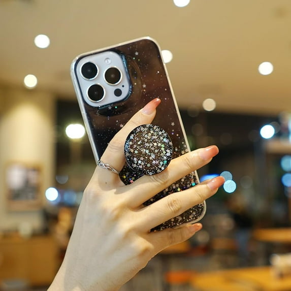 Glitter Case for iPhone 14 Pro Case 6.1 inch for Women with Expanding Phone Kickstand Ring Stand, Clear Bling Sparkle Cute Phone Cover (Black)