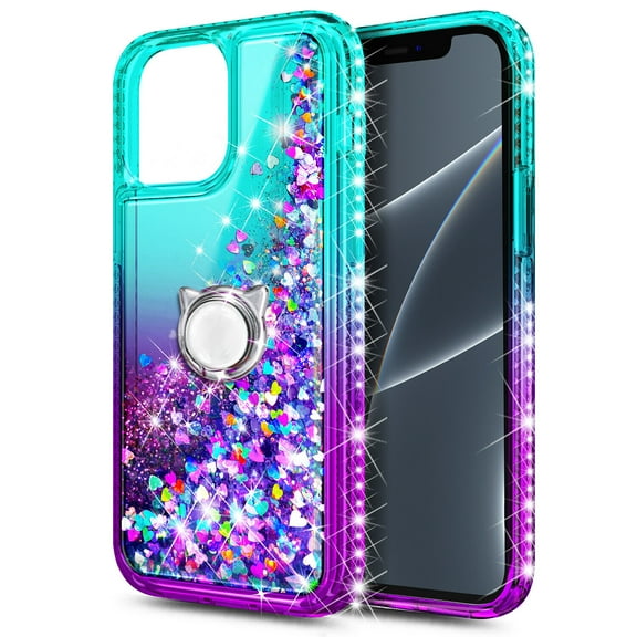 Glitter Case for iPhone 14, Sparkle Flowing Liquid Quicksand Soft TPU Bumper Cushion Girls Women Phone Case, Green&Purple