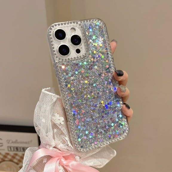 Glitter Case for iPhone 15 Case, Luxury Shiny Bling Sparkly Phone Cover, Support Wireless Charging Crystal Diamonds Shiny Phone Cover for Women Girls for iPhone 15 - Silver