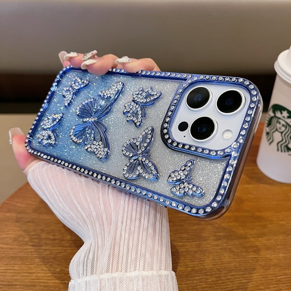 Glitter Case for iPhone 15 Plus, Luxury 3D Butterflies Bling Diamond Design with Gradient Sparkly Paper Plating Bumper Clear Shockproof Women Girls Case for iPhone 15 Plus 6.7", Blue