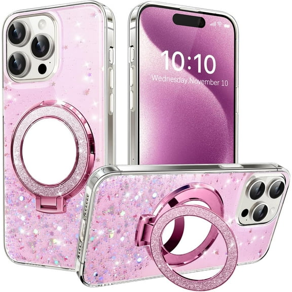 Glitter Case for iPhone 16 Case Sparkly Bling Cute with Stand Makeup Mirror Anti-Scratch Soft TPU Transparent Slim Fit Full Body Drop Protective Case for iPhone 16 6.1 inch Star Pink