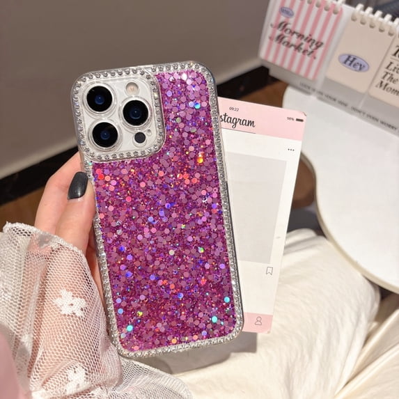 Glitter Case for iPhone 16 Plus with Bling Diamond Frame Clear Bumper Design, Shining Sparkle Rhinestone Cover, Dropproof Shockproof Slim Anti-Scratch Cover for iPhone 16 Plus, Purple