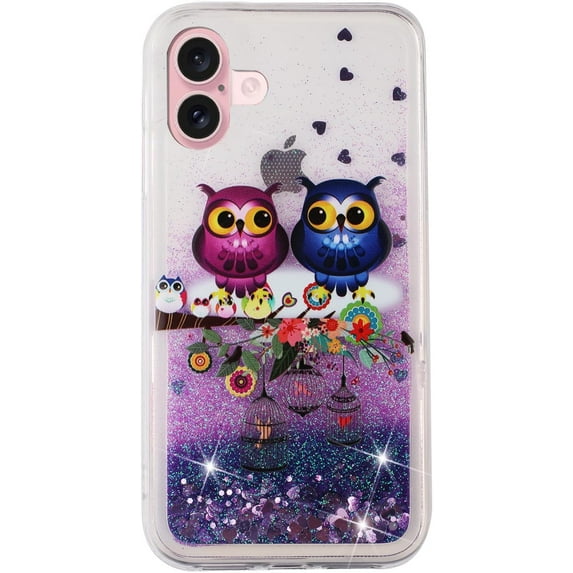 Glitter Case for iPhone 16, iPhone 16 Liquid Case Cute Pink Moving Liquid Floating Sparkle for Girls Women Clear Soft TPU Protective Cover for iPhone 16 6.1 inch Couple Owls