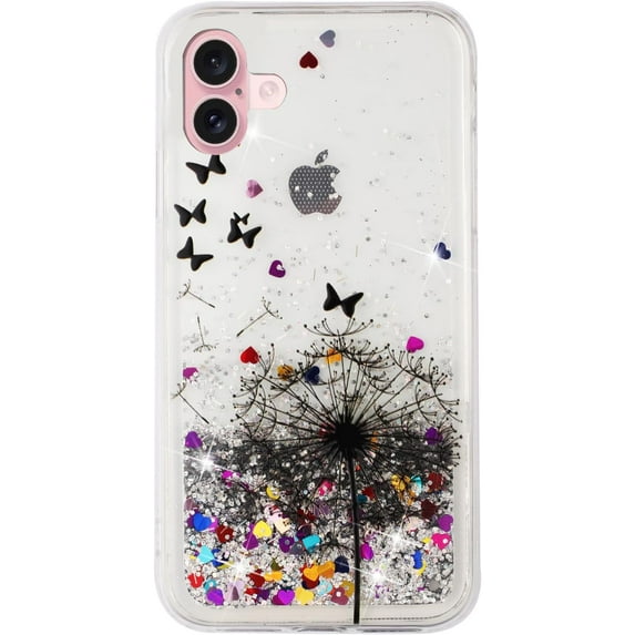 Glitter Case for iPhone 16, iPhone 16 Liquid Case Cute Pink Moving Liquid Floating Sparkle for Girls Women Clear Soft TPU Protective Cover for iPhone 16 6.1 inch Dandelion